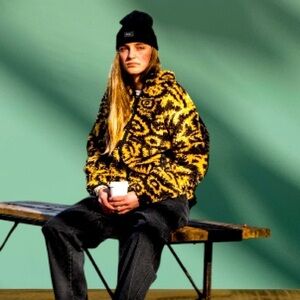 Yellow and Black Patterned Jacket with hoodie 100 % Wool UNIQUE